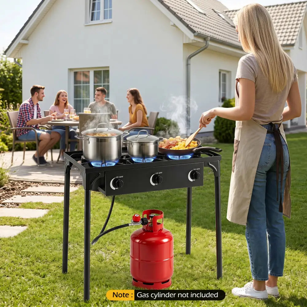 3 Burner Propane Stove 240000 BTU with Adjustable Regulator & Hose for Camping BBQ-Black - Black - Outdoor Grills