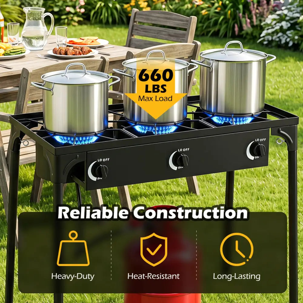 3 Burner Propane Stove 240000 BTU with Adjustable Regulator & Hose for Camping BBQ-Black - Black - Outdoor Grills