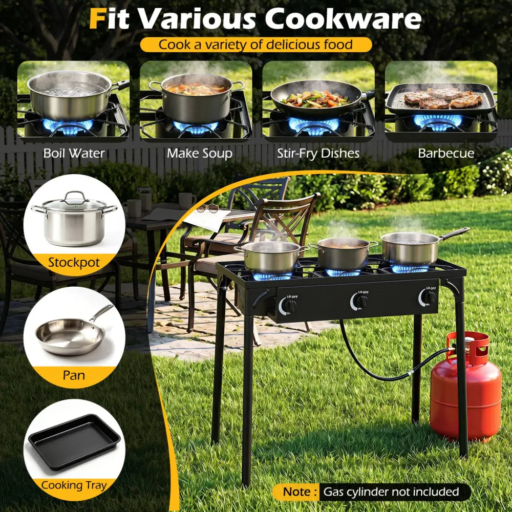 3 Burner Propane Stove 240000 BTU with Adjustable Regulator & Hose for Camping BBQ-Black - Black - Outdoor Grills