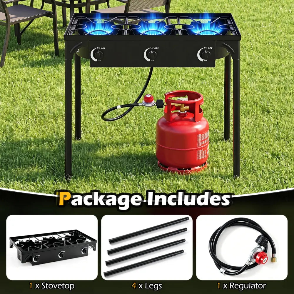 3 Burner Propane Stove 240000 BTU with Adjustable Regulator & Hose for Camping BBQ-Black - Black - Outdoor Grills
