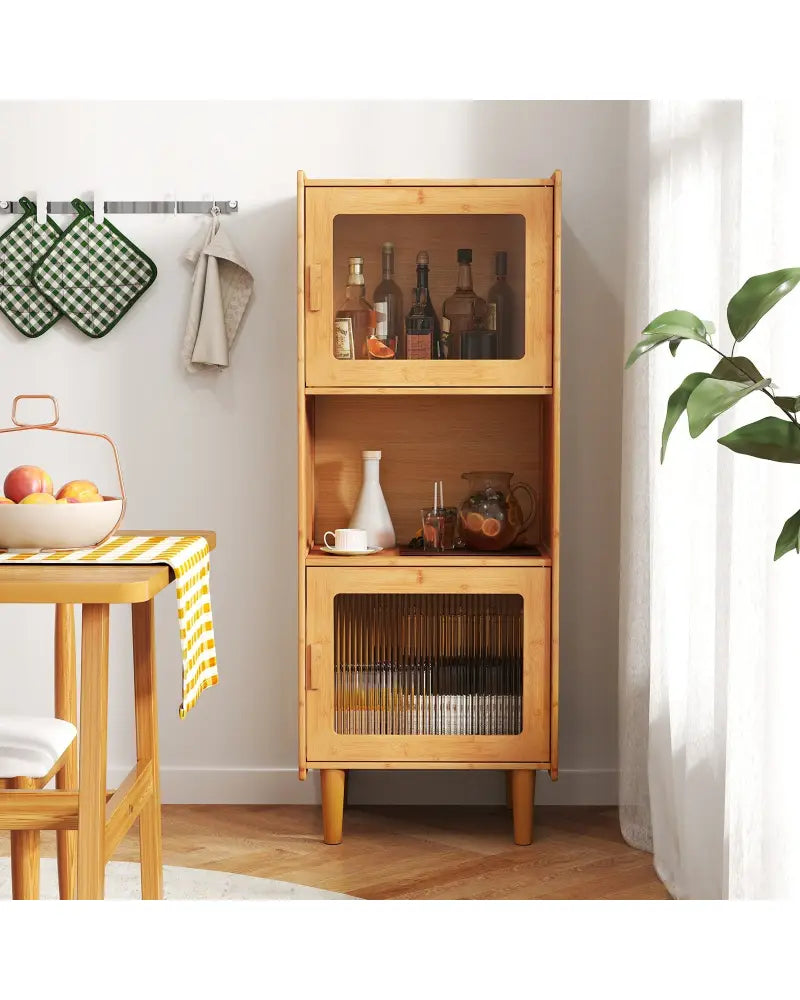 3-Cube Bamboo Storage Cabinet with Open Compartment and 2 Acrylic Doors-Natural - Natural - Cabinets & Chests