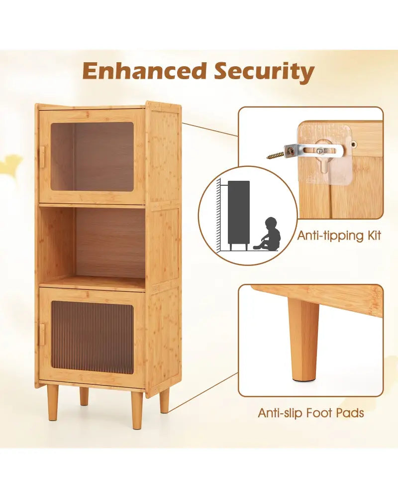 3-Cube Bamboo Storage Cabinet with Open Compartment and 2 Acrylic Doors-Natural - Natural - Cabinets & Chests