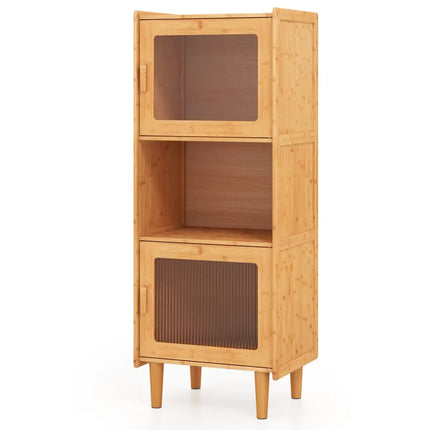 3-Cube Bamboo Storage Cabinet with Open Compartment and 2 Acrylic Doors-Natural Costway