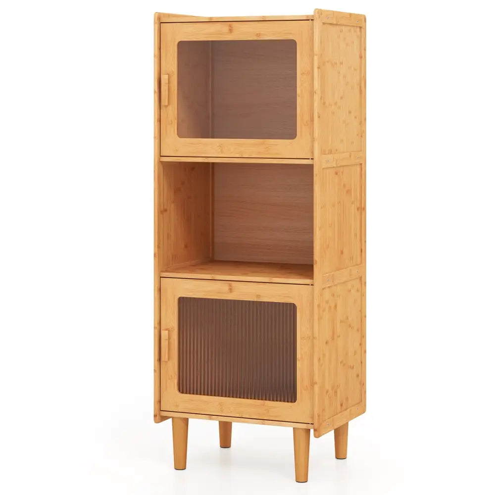 3-Cube Bamboo Storage Cabinet with Open Compartment and 2 Acrylic Doors-Natural Costway