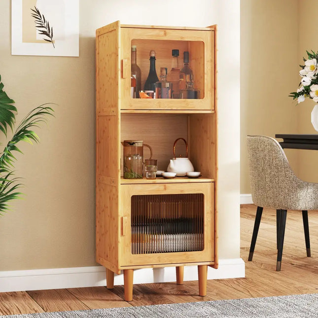 3-Cube Bamboo Storage Cabinet with Open Compartment and 2 Acrylic Doors-Natural Costway