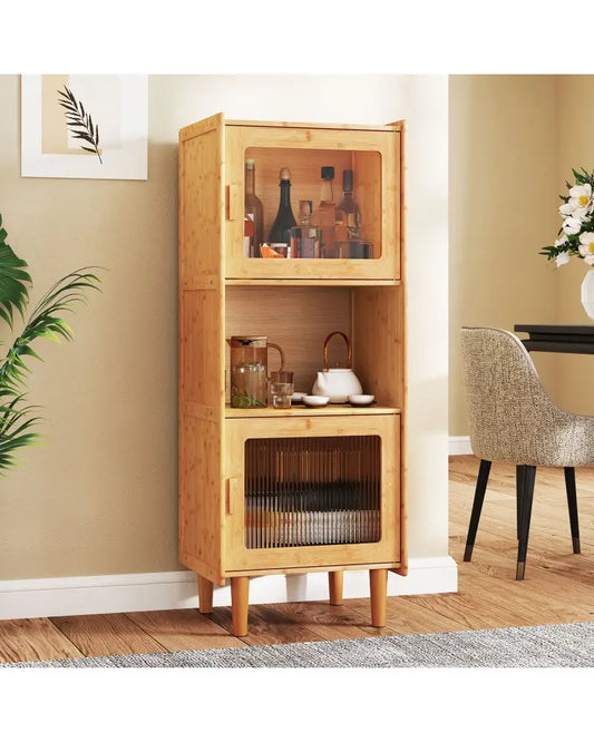 3-Cube Bamboo Storage Cabinet with Open Compartment and 2 Acrylic Doors-Natural - Natural - Cabinets & Chests