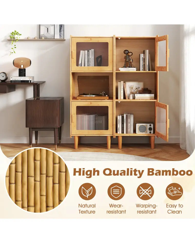 3-Cube Bamboo Storage Cabinet with Open Compartment and 2 Acrylic Doors-Natural - Natural - Cabinets & Chests
