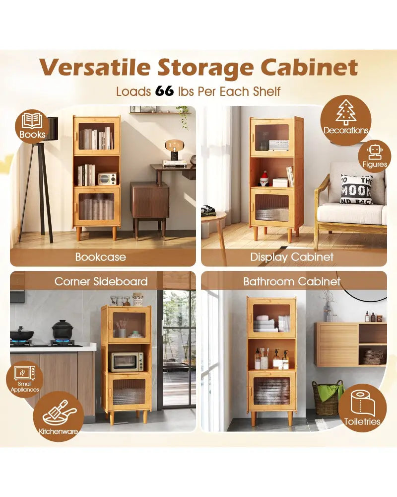 3-Cube Bamboo Storage Cabinet with Open Compartment and 2 Acrylic Doors-Natural - Natural - Cabinets & Chests