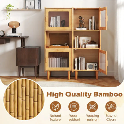 3-Cube Bamboo Storage Cabinet with Open Compartment and 2 Acrylic Doors-Natural Costway