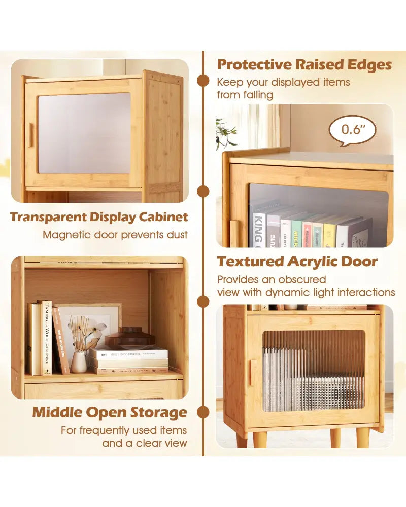 3-Cube Bamboo Storage Cabinet with Open Compartment and 2 Acrylic Doors-Natural - Natural - Cabinets & Chests