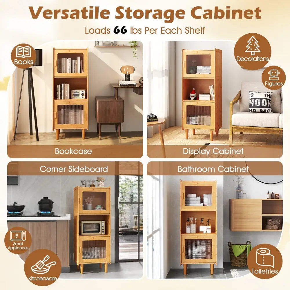 3-Cube Bamboo Storage Cabinet with Open Compartment and 2 Acrylic Doors-Natural Costway