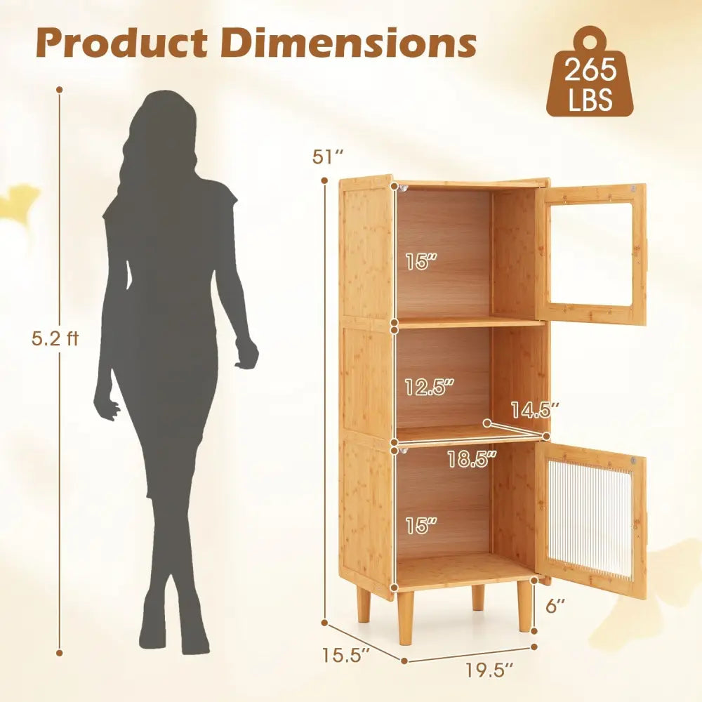3-Cube Bamboo Storage Cabinet with Open Compartment and 2 Acrylic Doors-Natural Costway