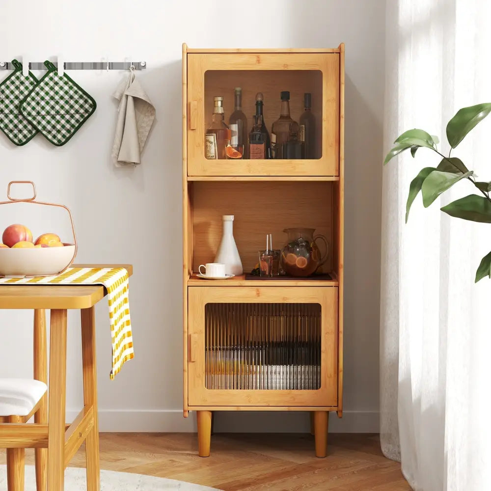 3-Cube Bamboo Storage Cabinet with Open Compartment and 2 Acrylic Doors-Natural Costway