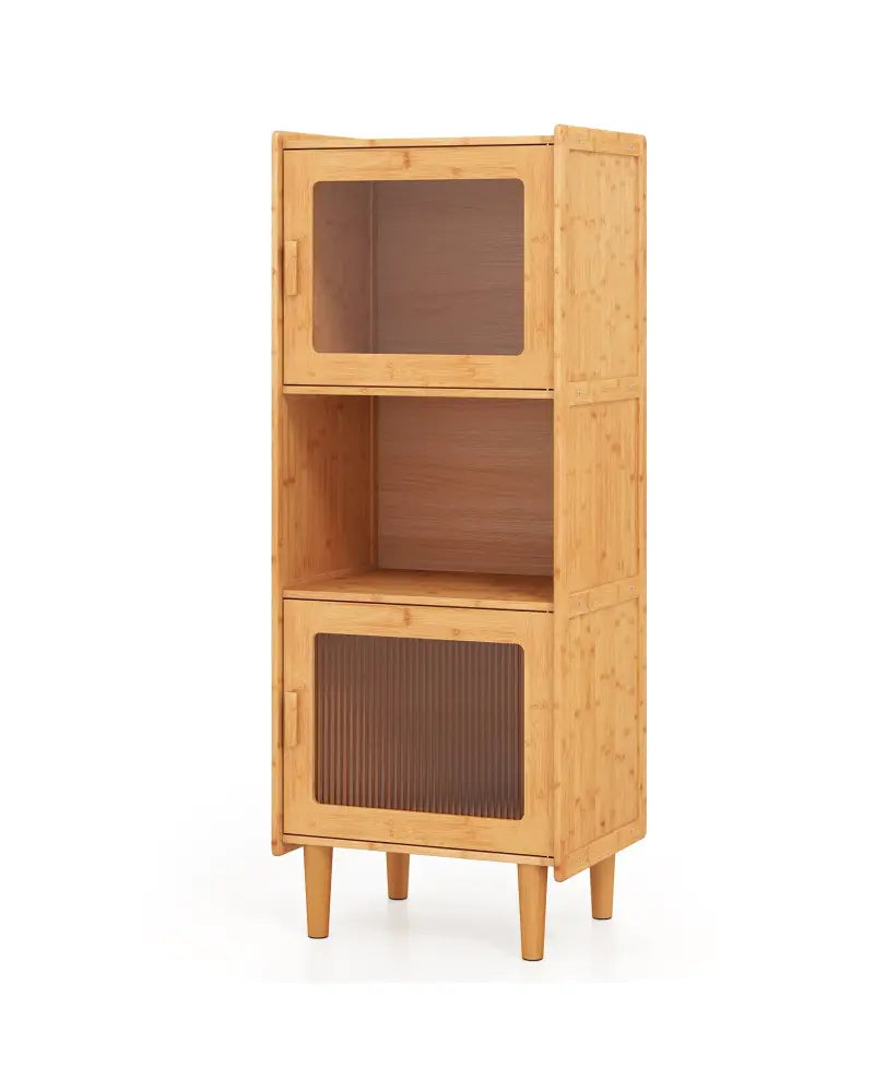 3-Cube Bamboo Storage Cabinet with Open Compartment and 2 Acrylic Doors-Natural - Natural - Cabinets & Chests