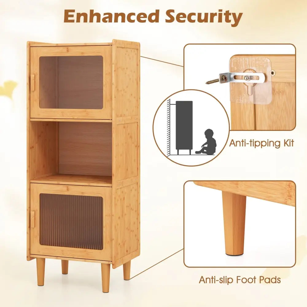 3-Cube Bamboo Storage Cabinet with Open Compartment and 2 Acrylic Doors-Natural Costway