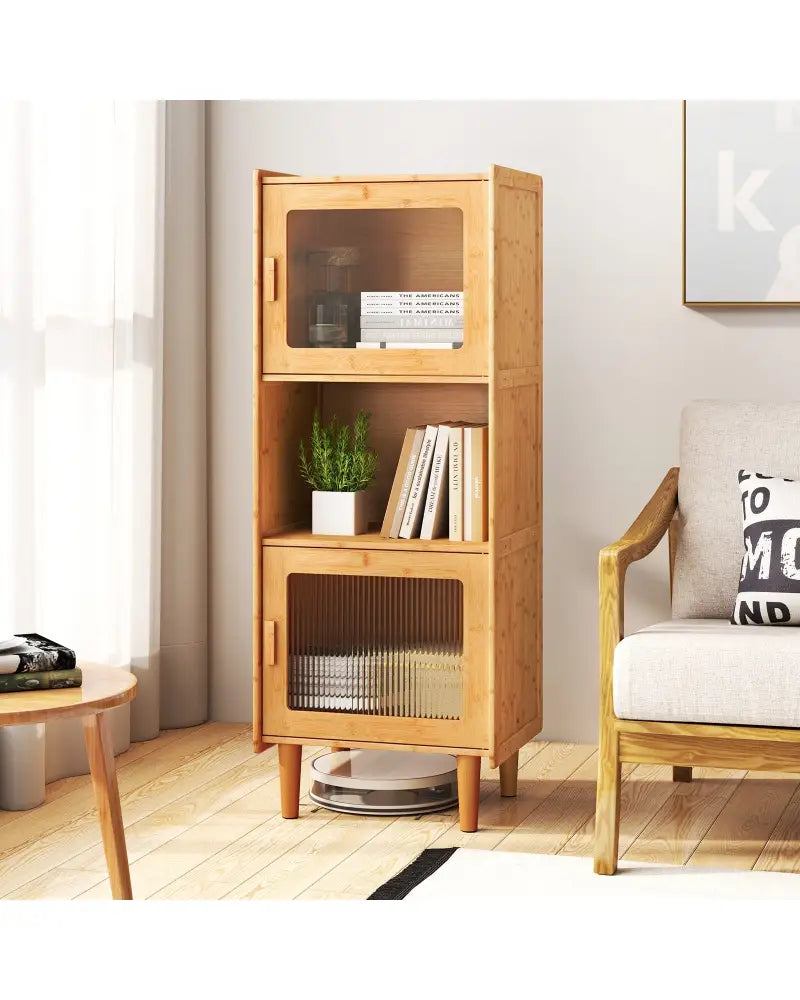 3-Cube Bamboo Storage Cabinet with Open Compartment and 2 Acrylic Doors-Natural - Natural - Cabinets & Chests