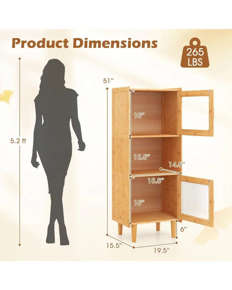3-Cube Bamboo Storage Cabinet with Open Compartment and 2 Acrylic Doors-Natural - Natural - Cabinets & Chests
