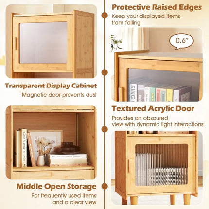 3-Cube Bamboo Storage Cabinet with Open Compartment and 2 Acrylic Doors-Natural Costway