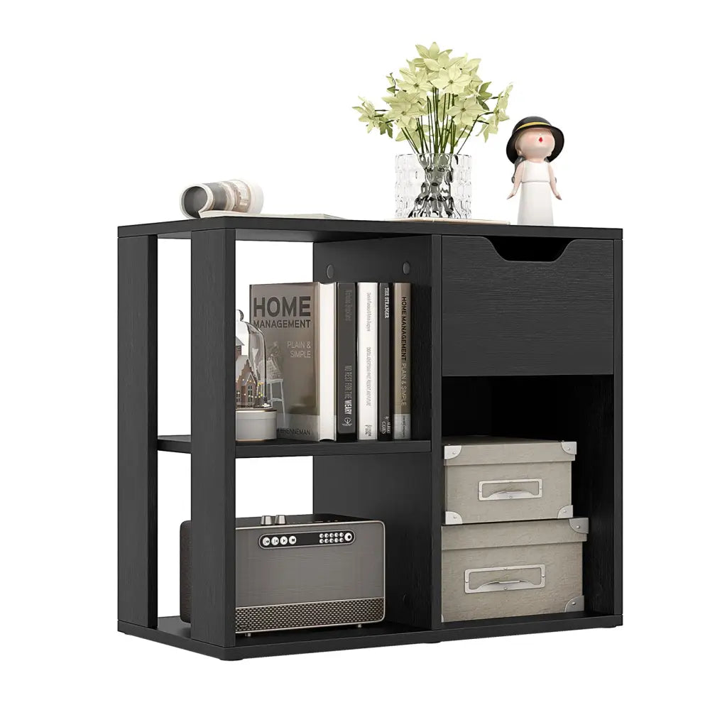 3-Cube Bookcase 2-tier Wooden Storage Shelf with Pull-out Drawer-Black - Black - Bookcases