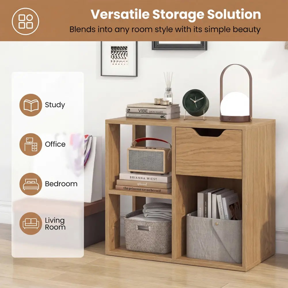 3-Cube Bookcase 2-tier Wooden Storage Shelf with Pull-out Drawer-Natural - Natural - Bookcases