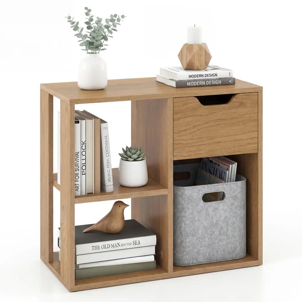 3-Cube Bookcase 2-tier Wooden Storage Shelf with Pull-out Drawer-Natural - Natural - Bookcases
