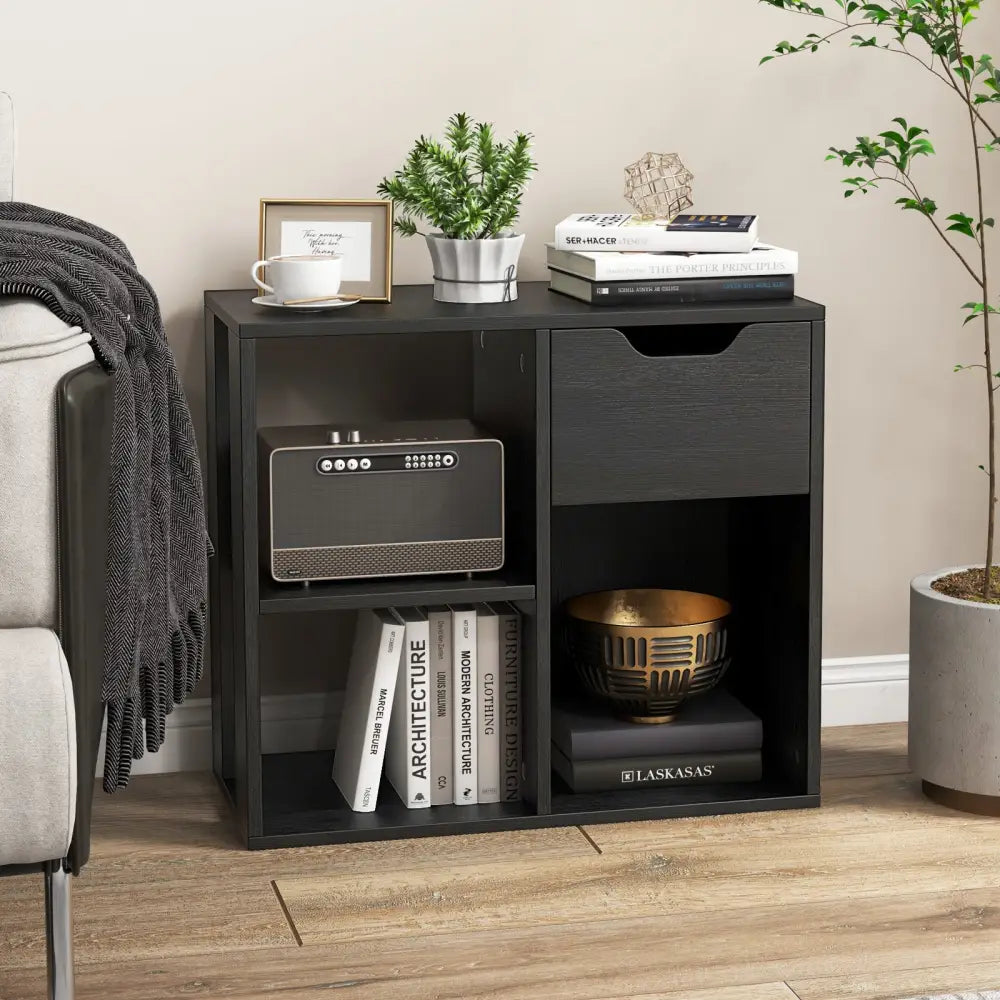 3-Cube Bookcase 2-tier Wooden Storage Shelf with Pull-out Drawer-Black - Black - Bookcases