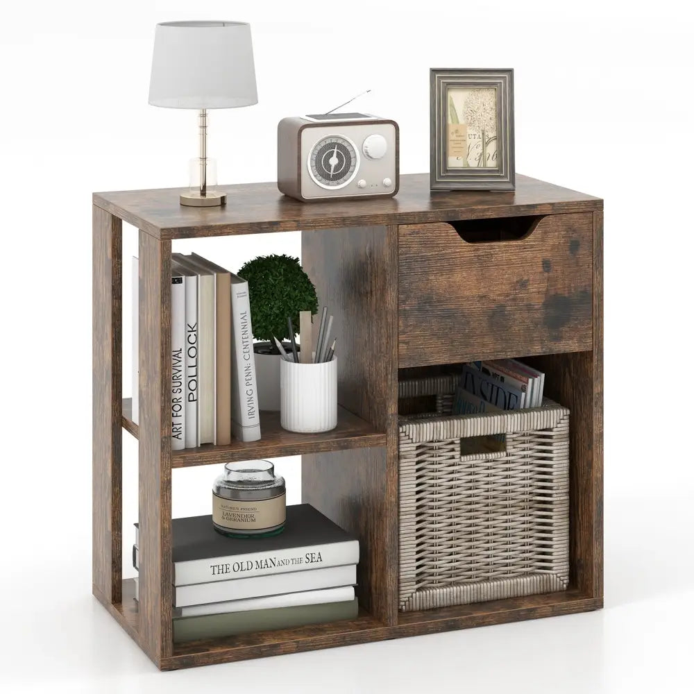3-Cube Bookcase 2-tier Wooden Storage Shelf with Pull-out Drawer-Brown - Brown - Bookcases