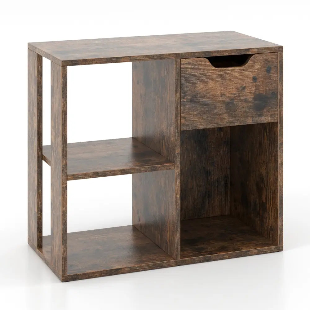 3-Cube Bookcase 2-tier Wooden Storage Shelf with Pull-out Drawer-Brown - Brown - Bookcases