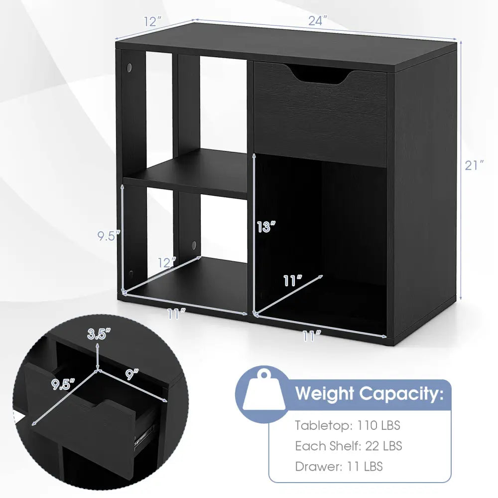 3-Cube Bookcase 2-tier Wooden Storage Shelf with Pull-out Drawer-Black - Black - Bookcases