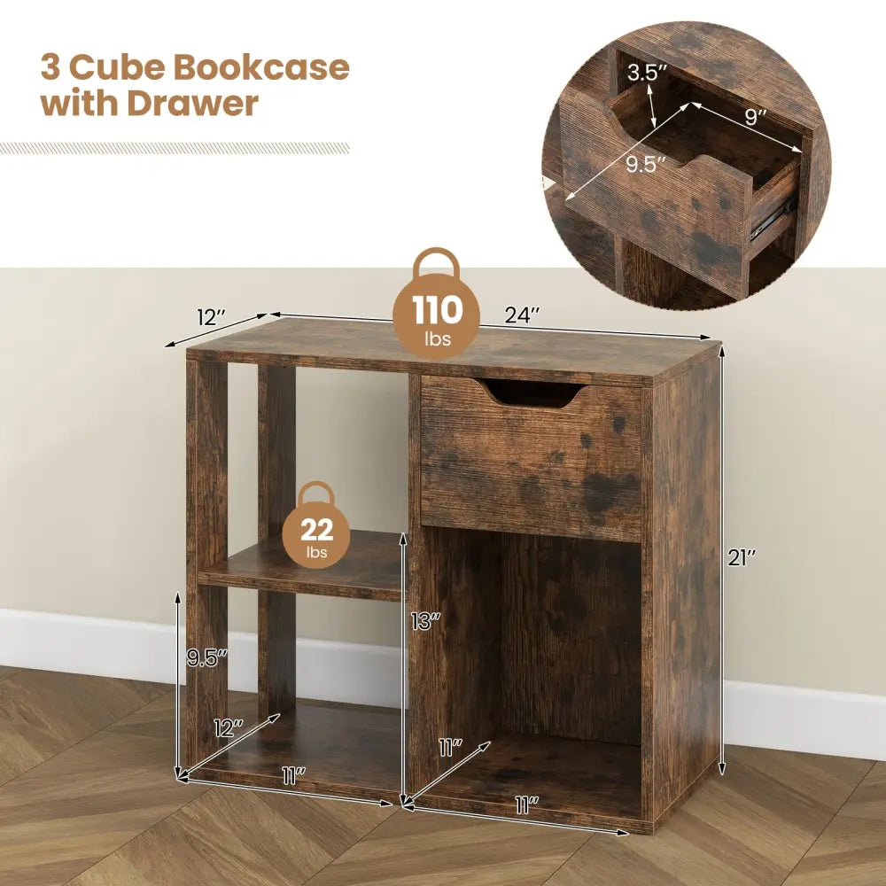 3-Cube Bookcase 2-tier Wooden Storage Shelf with Pull-out Drawer-Brown - Brown - Bookcases