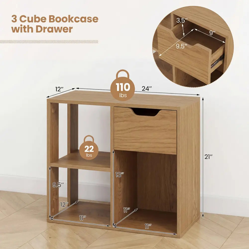3-Cube Bookcase 2-tier Wooden Storage Shelf with Pull-out Drawer-Natural - Natural - Bookcases