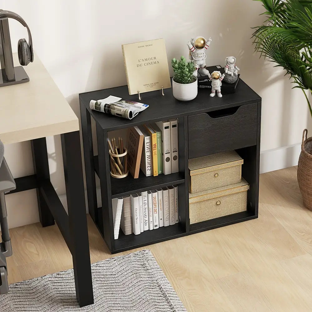 3-Cube Bookcase 2-tier Wooden Storage Shelf with Pull-out Drawer-Black - Black - Bookcases