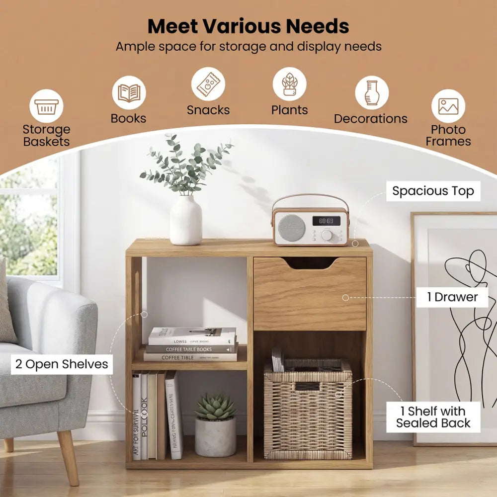 3-Cube Bookcase 2-tier Wooden Storage Shelf with Pull-out Drawer-Natural - Natural - Bookcases
