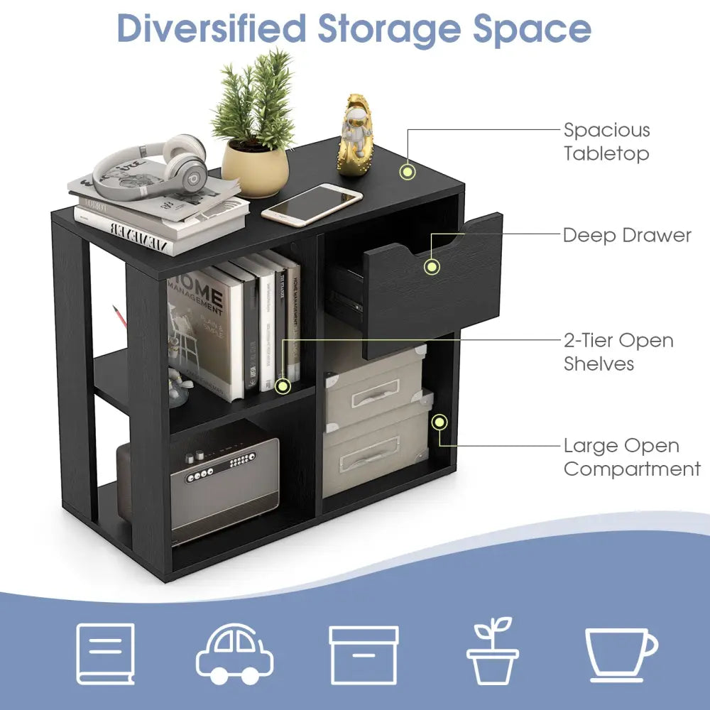 3-Cube Bookcase 2-tier Wooden Storage Shelf with Pull-out Drawer-Black - Black - Bookcases