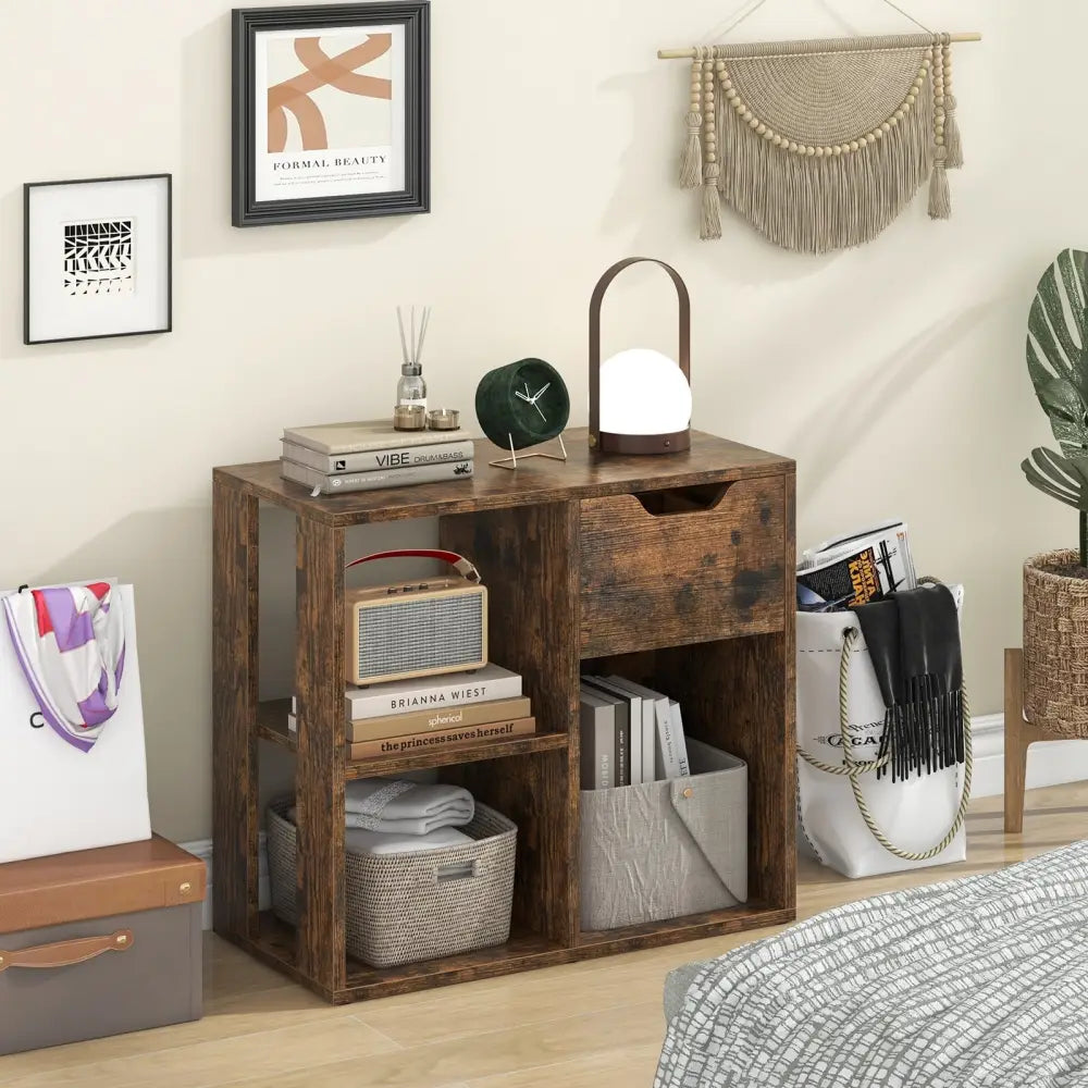 3-Cube Bookcase 2-tier Wooden Storage Shelf with Pull-out Drawer-Brown - Brown - Bookcases