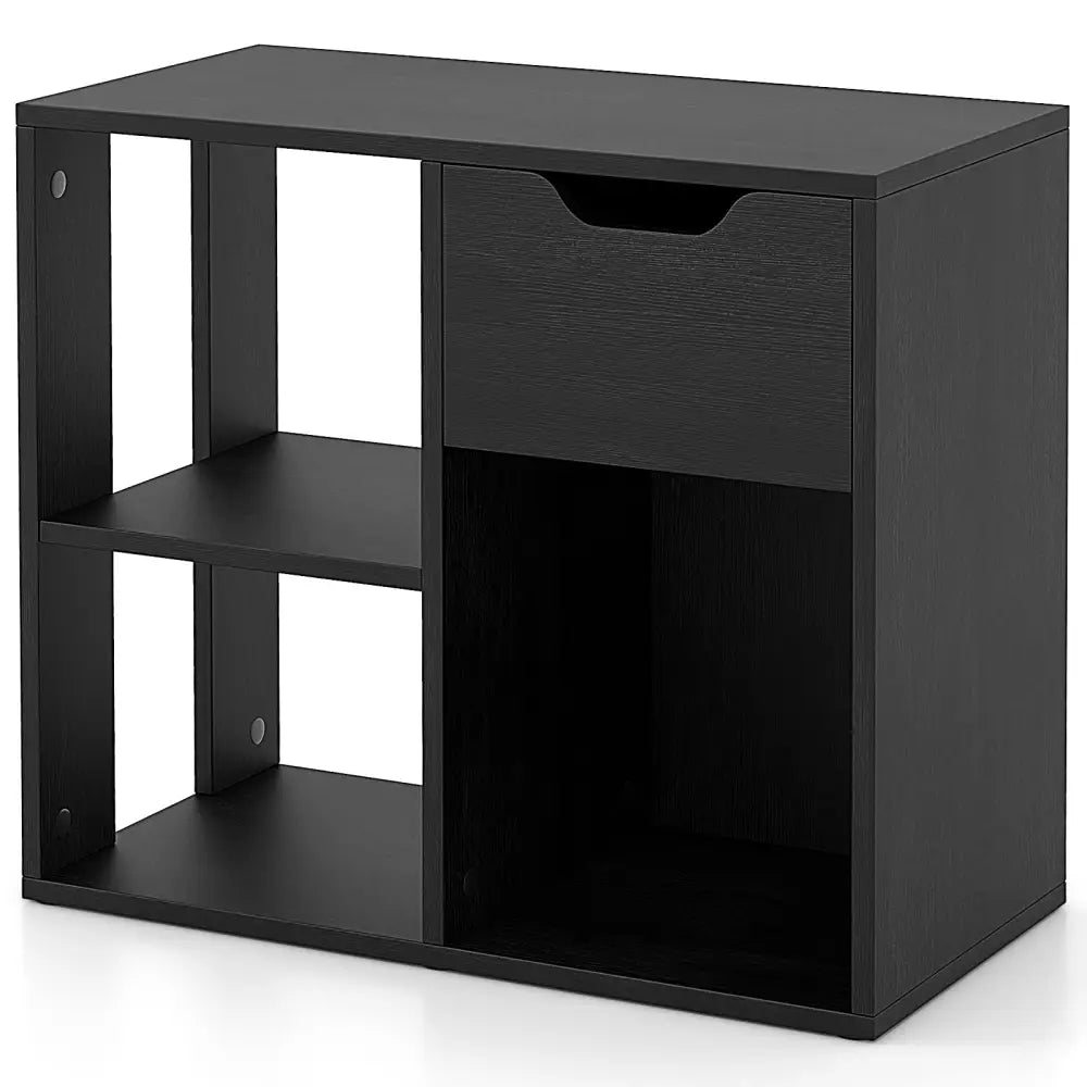 3-Cube Bookcase 2-tier Wooden Storage Shelf with Pull-out Drawer-Black - Black - Bookcases