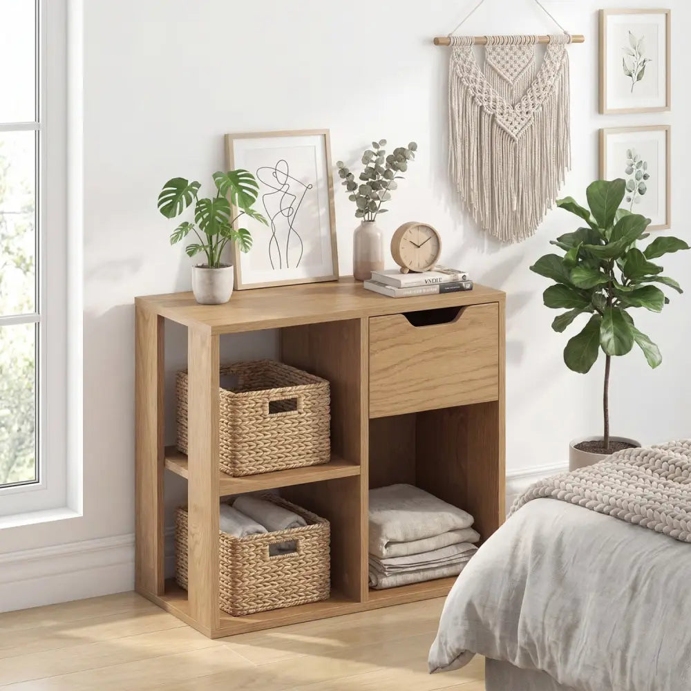 3-Cube Bookcase 2-tier Wooden Storage Shelf with Pull-out Drawer-Natural - Natural - Bookcases