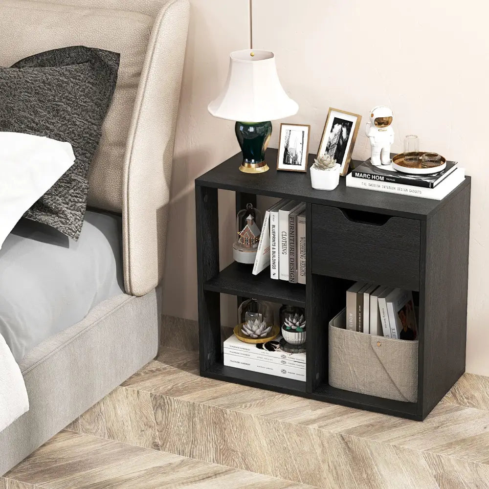3-Cube Bookcase 2-tier Wooden Storage Shelf with Pull-out Drawer-Black - Black - Bookcases