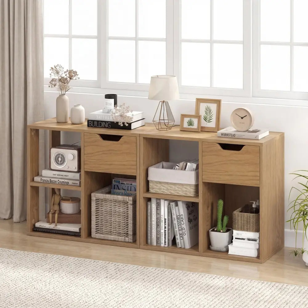 3-Cube Bookcase 2-tier Wooden Storage Shelf with Pull-out Drawer-Natural - Natural - Bookcases