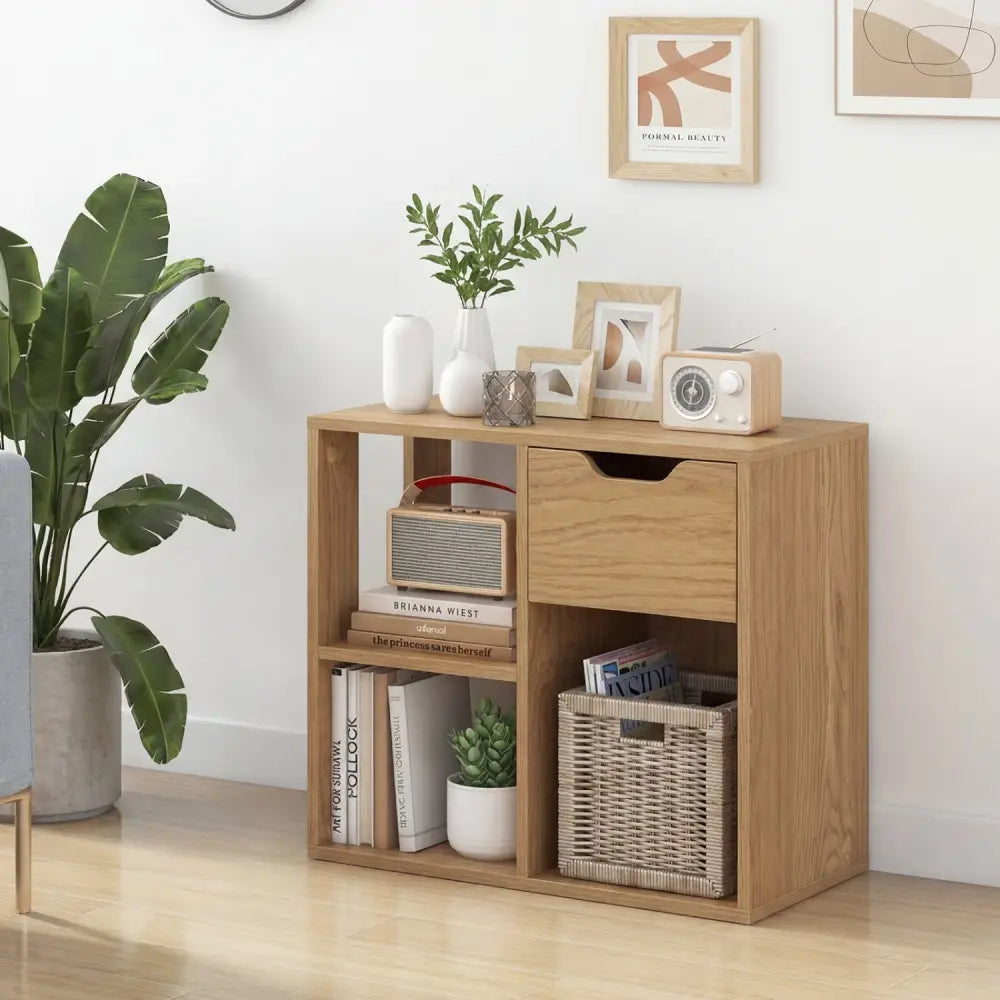 3-Cube Bookcase 2-tier Wooden Storage Shelf with Pull-out Drawer-Natural - Natural - Bookcases