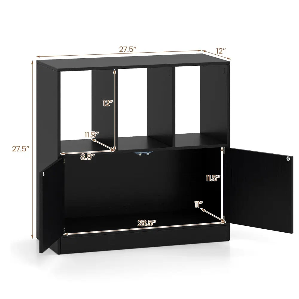 3-Cube Bookcase with Doors 3-Tier Cubic Bookshelf with Open Compartments and Cabinet-Black - Black - Bookcases