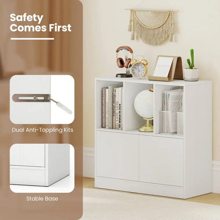 3-Cube Bookcase with Doors 3-Tier Cubic Bookshelf with Open Compartments and Cabinet-White Costway