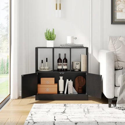 3-Cube Bookcase with Doors 3-Tier Cubic Bookshelf with Open Compartments and Cabinet-Black Costway