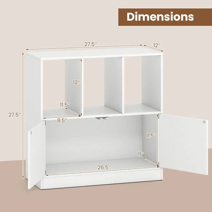 3-Cube Bookcase with Doors 3-Tier Cubic Bookshelf with Open Compartments and Cabinet-White Costway