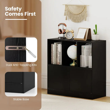 3-Cube Bookcase with Doors 3-Tier Cubic Bookshelf with Open Compartments and Cabinet-Black Costway