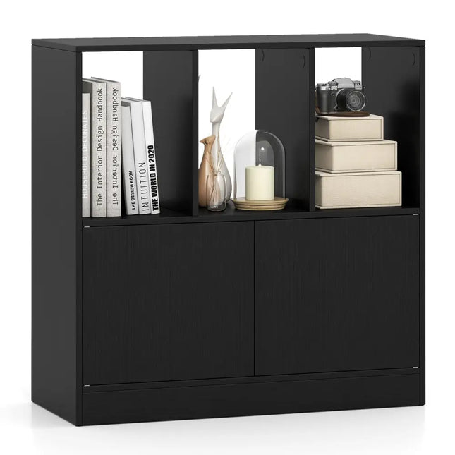 3-Cube Bookcase with Doors 3-Tier Cubic Bookshelf with Open Compartments and Cabinet-Black Costway