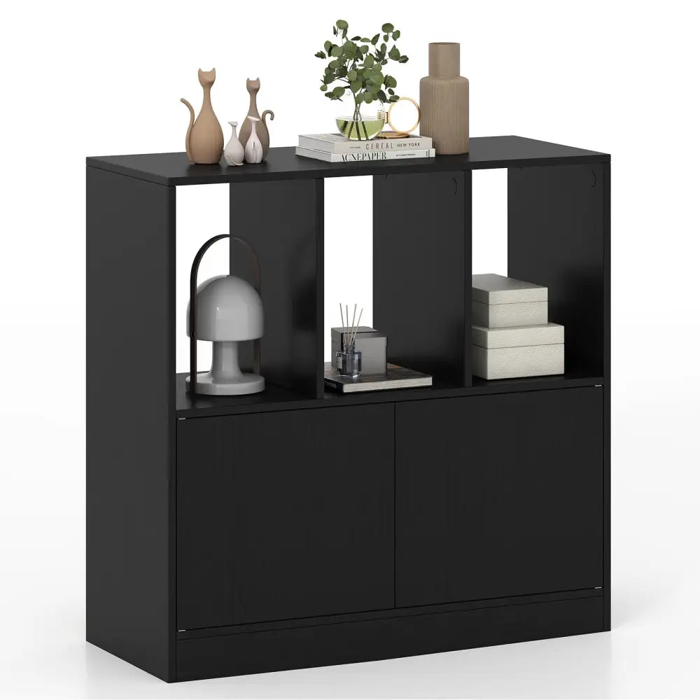 3-Cube Bookcase with Doors 3-Tier Cubic Bookshelf with Open Compartments and Cabinet-Black - Black - Bookcases