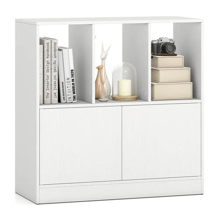 3-Cube Bookcase with Doors 3-Tier Cubic Bookshelf with Open Compartments and Cabinet-White Costway