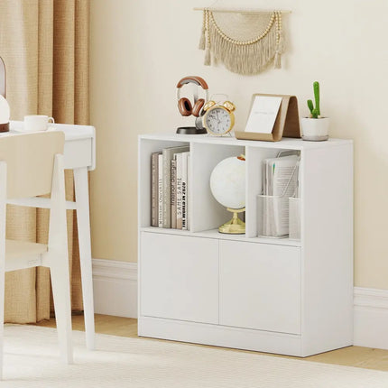 3-Cube Bookcase with Doors 3-Tier Cubic Bookshelf with Open Compartments and Cabinet-White Costway