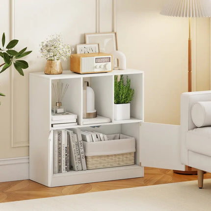 3-Cube Bookcase with Doors 3-Tier Cubic Bookshelf with Open Compartments and Cabinet-White Costway